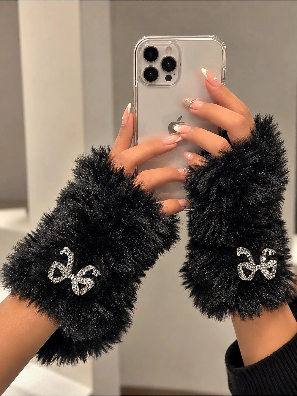 Karl Lagerfeld Black Faux Fur Fingerless Gloves